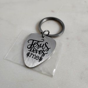Jesus Loves Me Christian Guitar Pick keychain. Easter Baptism Gift Music Jewelry